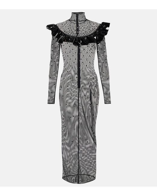 Alessandra Rich Gray Embellished Mesh Midi Dress