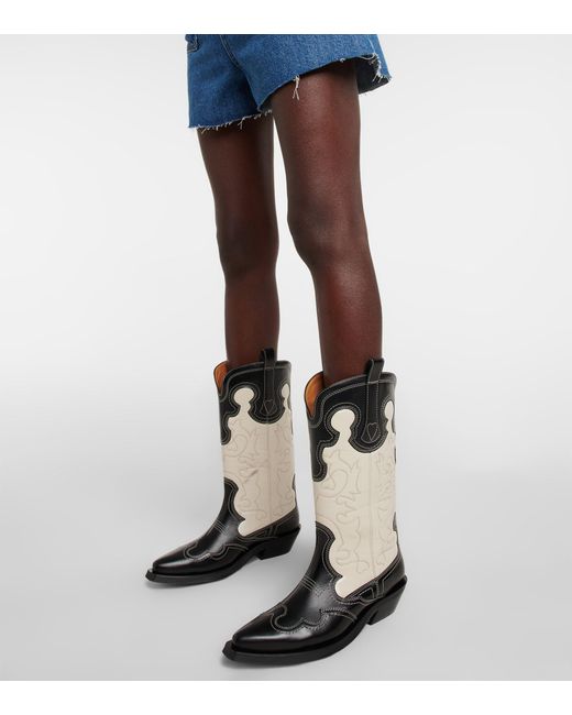 Ganni Leather Cowboy Boots in Black | Lyst