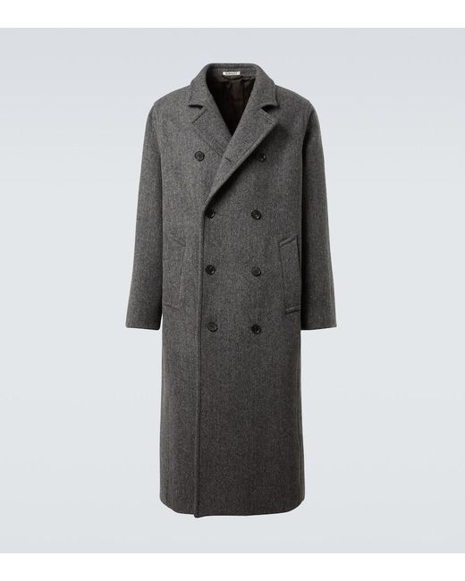 Auralee Black Herringbone Wool Coat for men