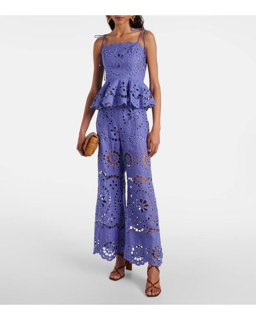 Zimmermann Blue Besticktes Top Pop Aus Leinen