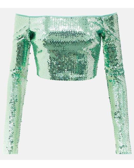 David Koma Green Sequined Off-Shoulder Crop Top