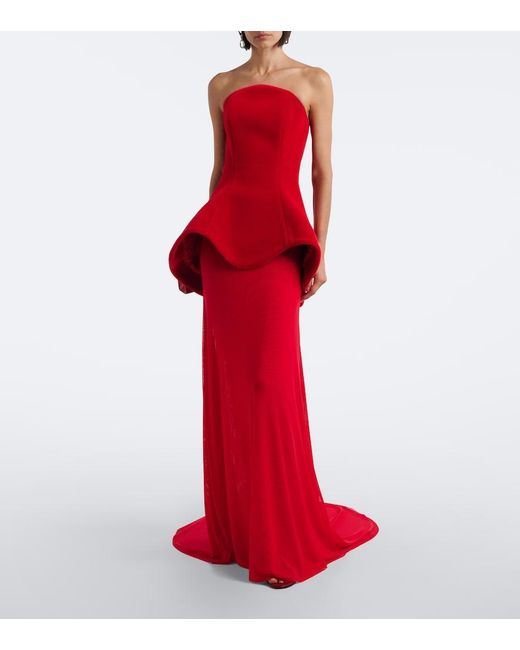 David Koma Red Peplum Strapless Gown