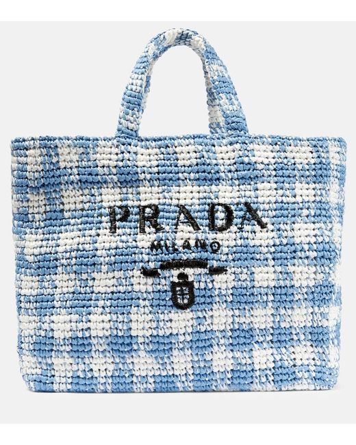 Prada Blue Logo Raffia-Effect Shopper
