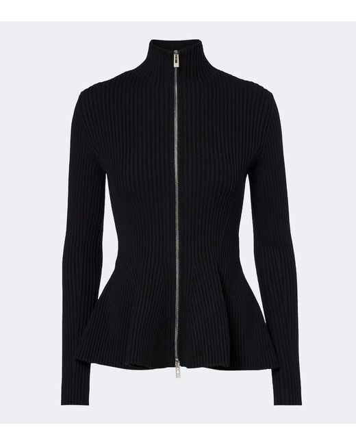 Alaïa Black Peplum Wool-Blend Zip-Up Cardigan