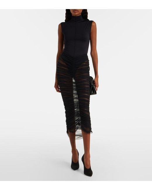 Nensi Dojaka Black Sheer Ruched Mesh Midi Skirt