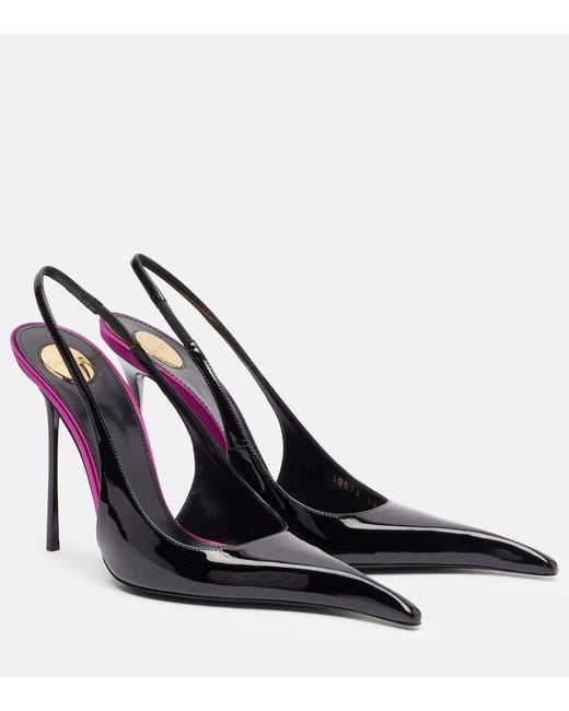 Saint Laurent Blue Amalia 110 Patent Leather Slingback Pumps