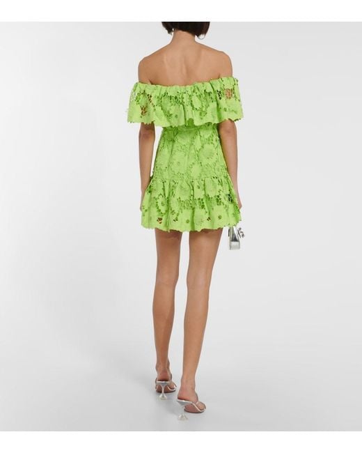 Self-Portrait Green Off-Shoulder Cotton Lace Minidress