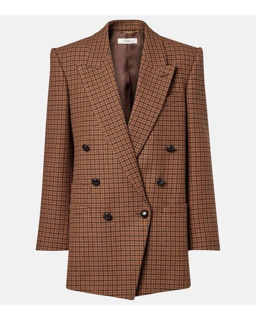 Chloé Brown Checked Double-Breasted Wool-Blend Blazer