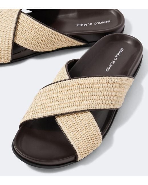 Manolo Blahnik Brown Chiltern Leather-Trimmed Raffia Slides for men