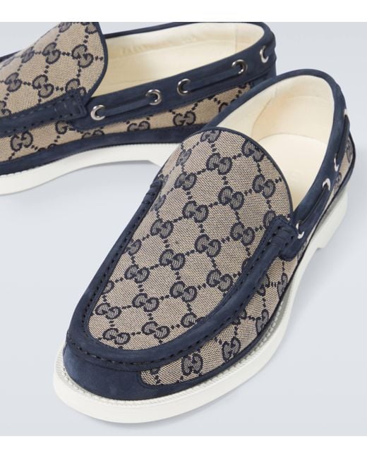 Gucci Blue GG Leather-trimmed Canvas Boat Shoes for men
