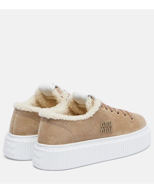 Miu Miu Natural Shearling-Lined Suede Platform Sneakers