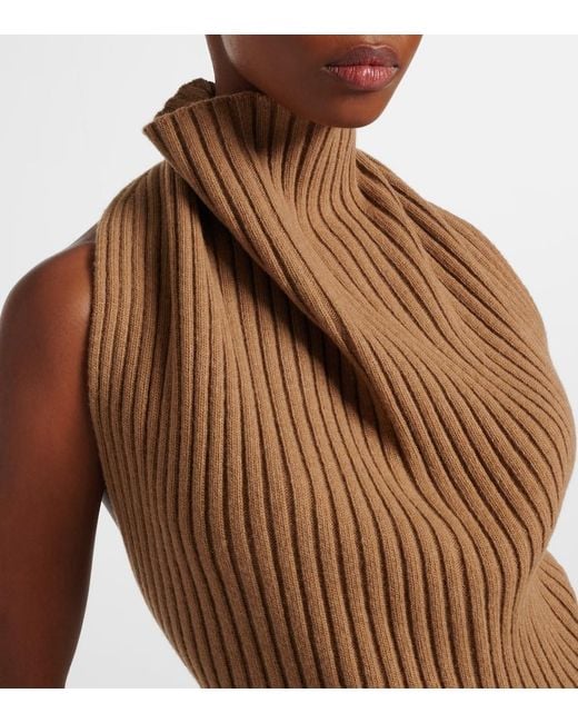 Victoria Beckham Brown Draped Ribbed-Knit Wool-Blend Top