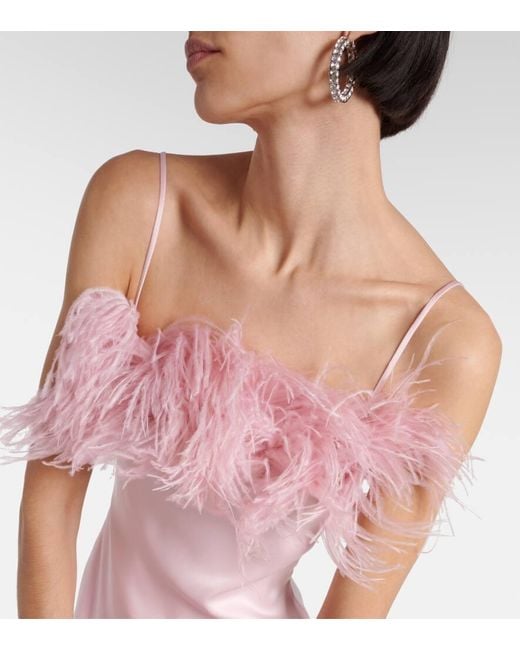 David Koma Pink Feather-Trimmed Satin Midi Dress