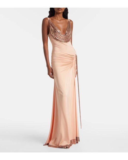 Rabanne Pink Chainmail Satin Gathered Gown