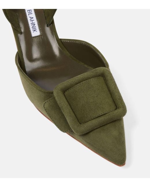 Manolo Blahnik Green Maysli Suede Slingback Pumps