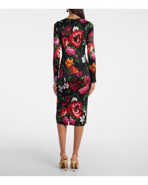 Abito Midi Con Stampa Floreale di Dolce & Gabbana in Red