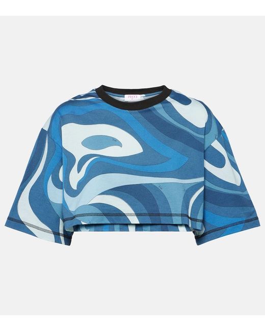 T-shirt cropped in cotone con stampa di Emilio Pucci in Blue