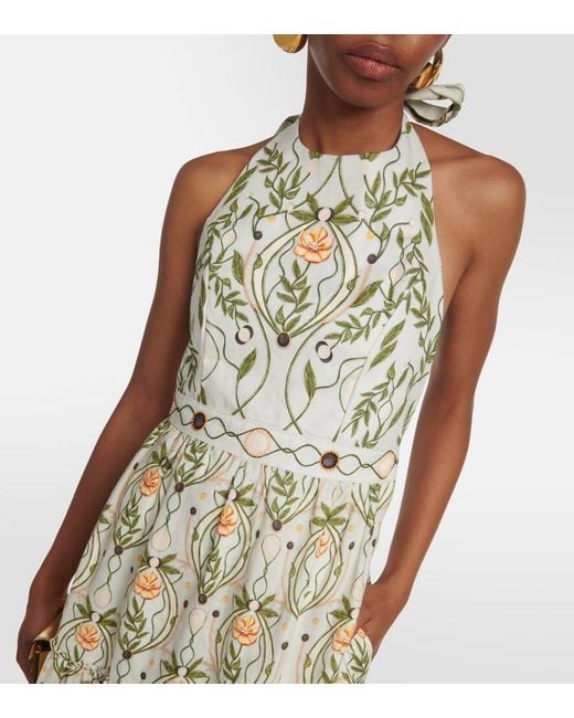 Agua Bendita Metallic Consuelo Lunar Embroidered Linen Midi Dress