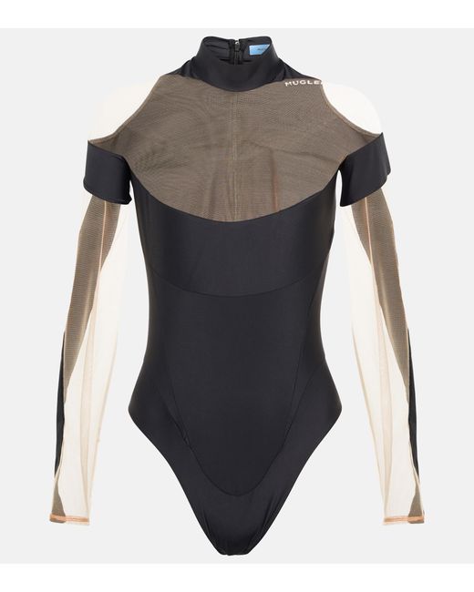 Swirly mesh-paneled bodysuit in black - Mugler