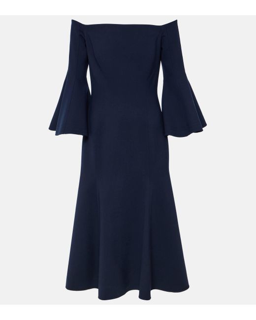 Oscar de la Renta Blue Off-shoulder Wool-blend Midi Dress