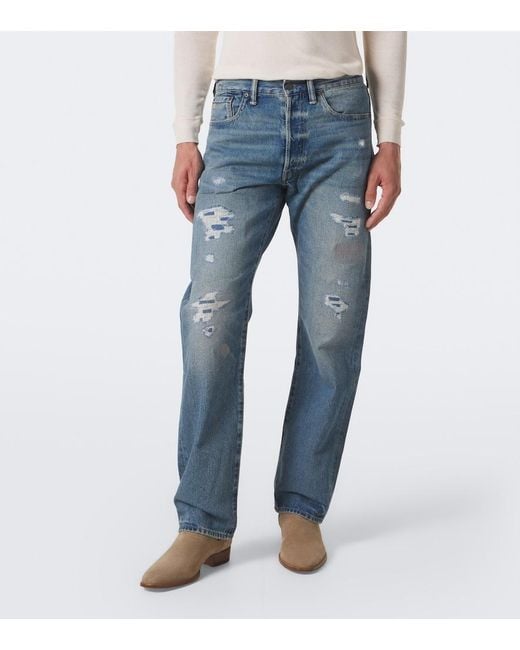 RRL Blue Distressed Straight Jeans for men