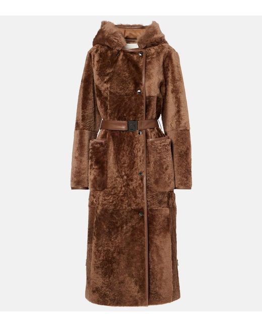 Bogner Brown Belted Hooded Shearling Coat
