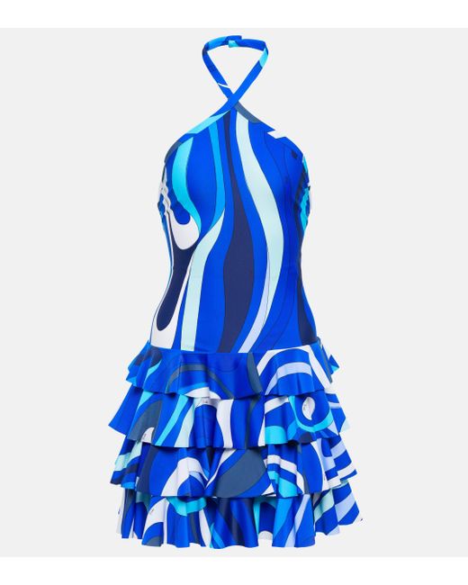 Emilio Pucci Blue Printed Halterneck Jersey Minidress