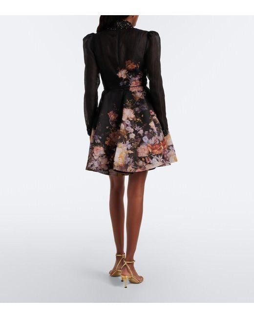 Zimmermann Black Valiant Floral Linen And Silk Minidress
