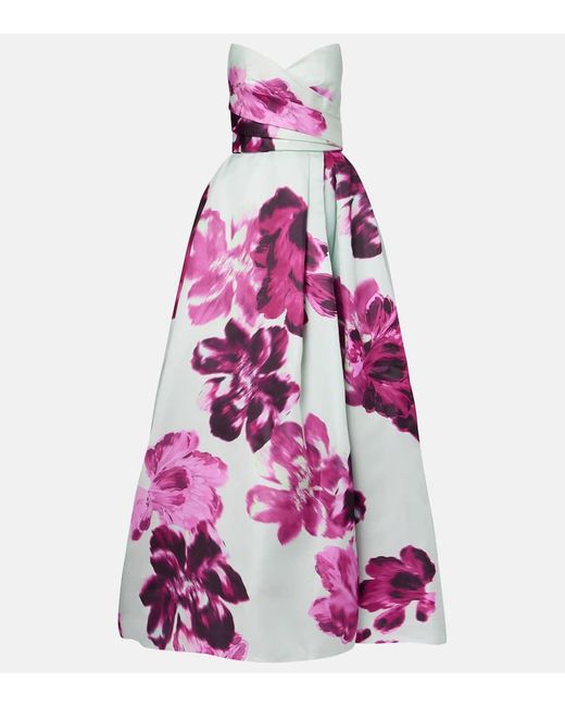 Monique Lhuillier Pink Floral Silk Gazar Gown