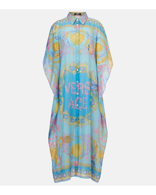 Versace Blue Underwater Barocco Cotton And Silk Beach Cover-Up