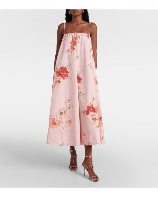 Zimmermann Pink Lightburst Puff Floral Cotton Midi Dress