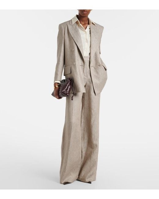 Max Mara Natural Deserto Herringbone Linen Wide-Leg Pants