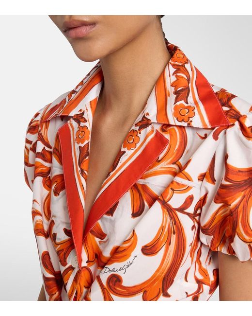 Dolce & Gabbana Red Majolica Cropped Cotton Poplin Blouse