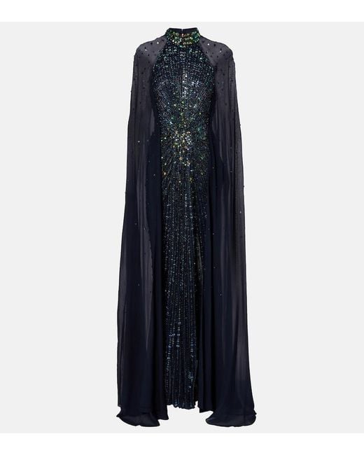 Jenny Packham Blue Thea Caped Sequined Gown