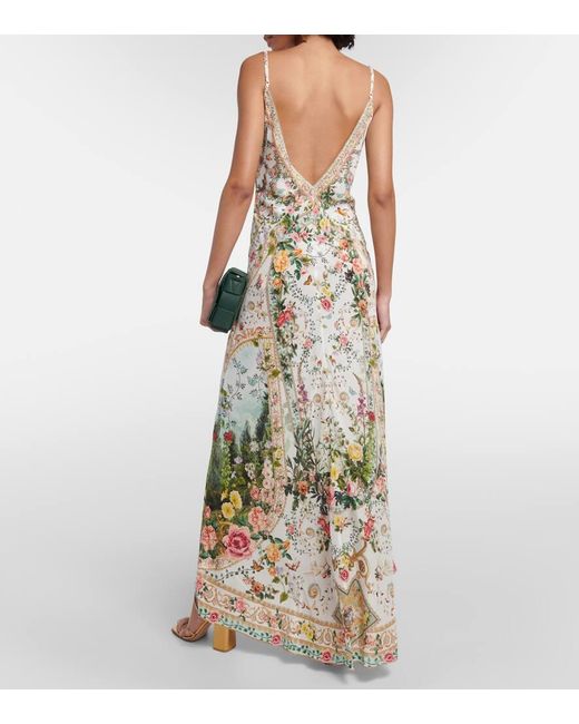 Vestido largo de seda floral adornado Camilla de color Metallic
