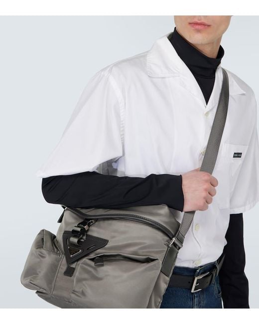 Prada Gray Re-Nylon Leather-Trimmed Crossbody Bag for men