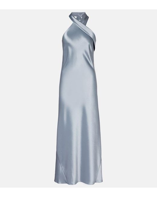 Galvan Blue Cropped Pandora Satin Midi Dress