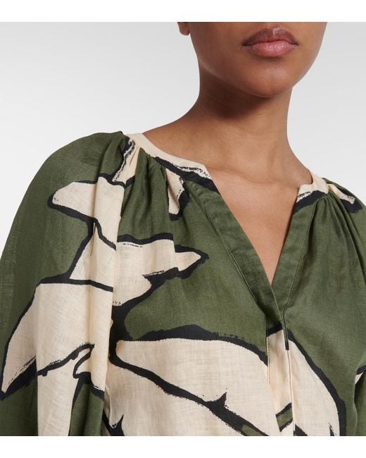 Johanna Ortiz Green Printed Linen Maxi Dress
