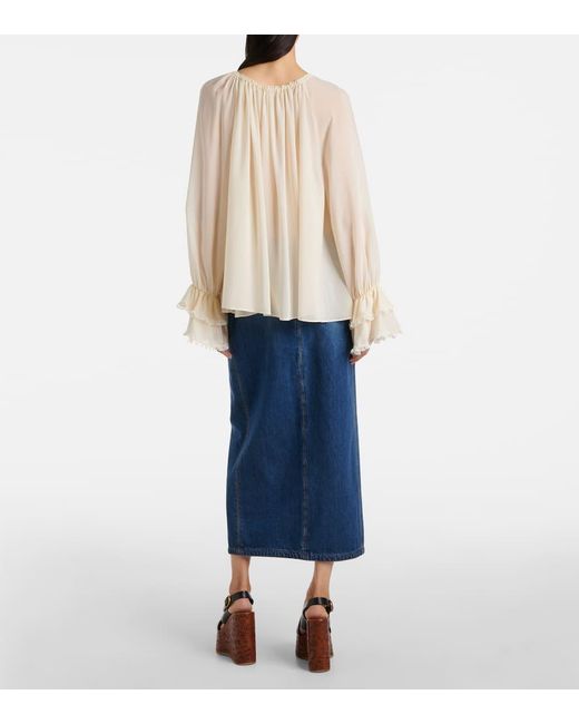 Blusa De Georgette De Seda Con Volantes Chloé de color Natural