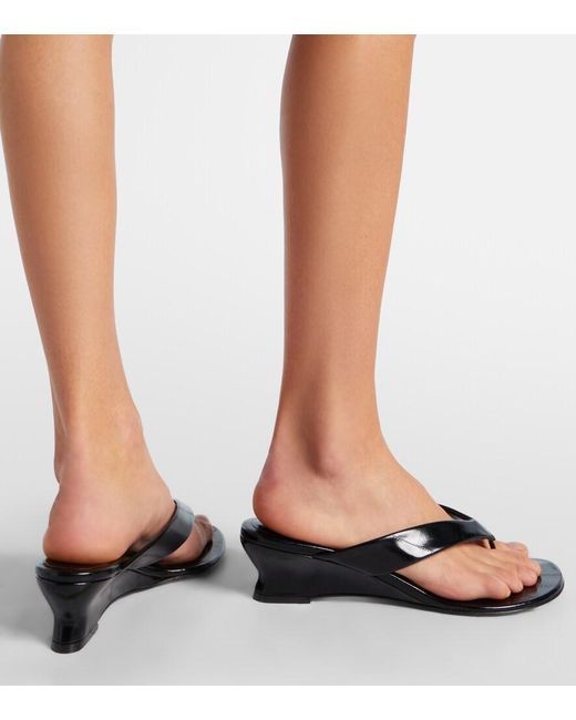 Le Monde Beryl Black Micro Wedge Leather Thong Sandals