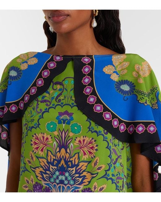 LaDoubleJ Blue Magic Printed Caped Silk Maxi Dress