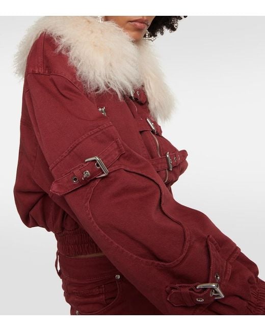 Blumarine Red Cropped Shearling-Trimmed Denim Jacket