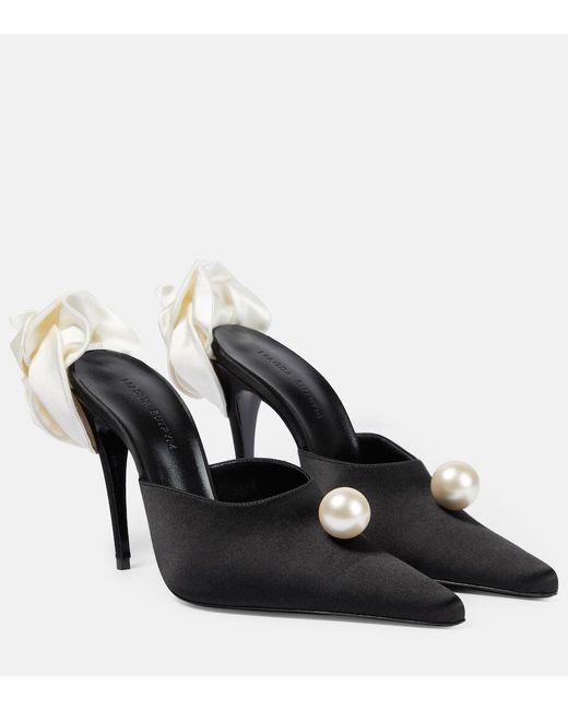 Magda Butrym Black Flower Heels Applique Embellished Satin Mules