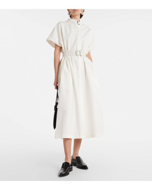 Jil Sander White Belted Leather-trimmed Cotton Midi Dress