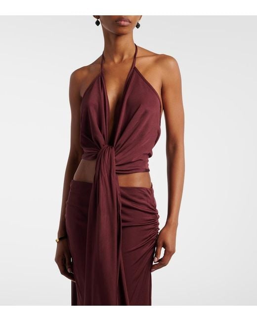 AYA MUSE Purple Kaima Draped Jersey Crop Top