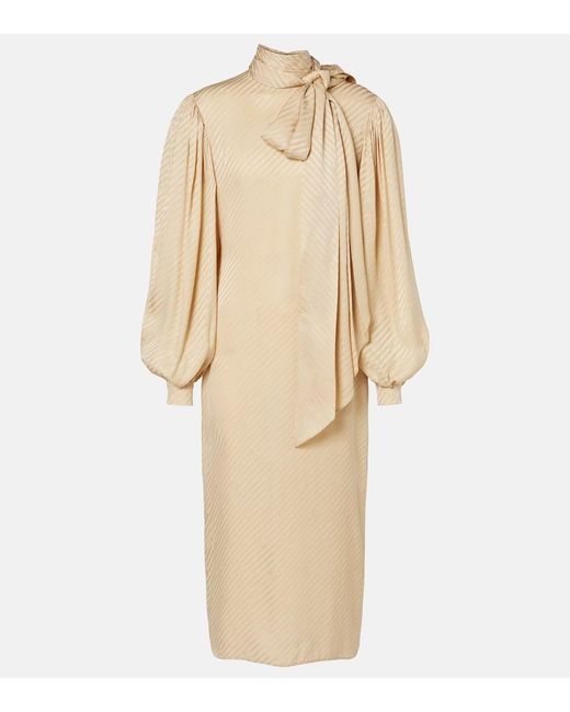 Gucci Natural Gg Draped Striped Silk Jacquard Midi Dress