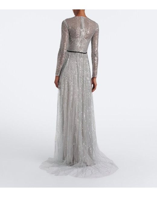 Monique Lhuillier Gray Bow-Detail Sequined Tulle Bustier Gown