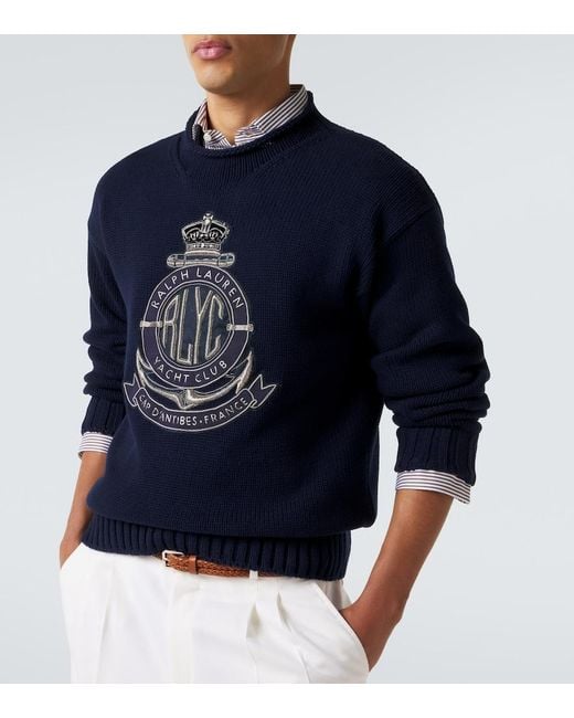 Ralph Lauren Blue Embroidered Cotton Sweater for men