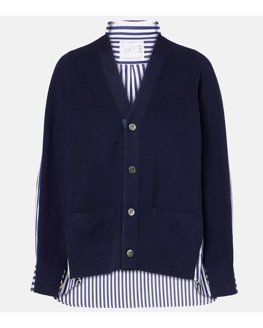 Sacai Blue Striped Poplin-Trimmed Cotton Cardigan