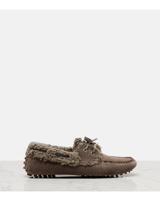 Brunello Cucinelli Brown Monili Shearling-Trimmed Suede Moccasins